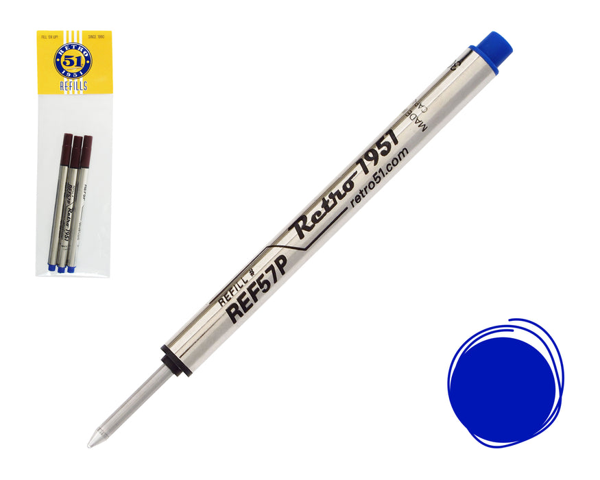 Recambio de bolígrafo azul sin tapa, paquete de 3
